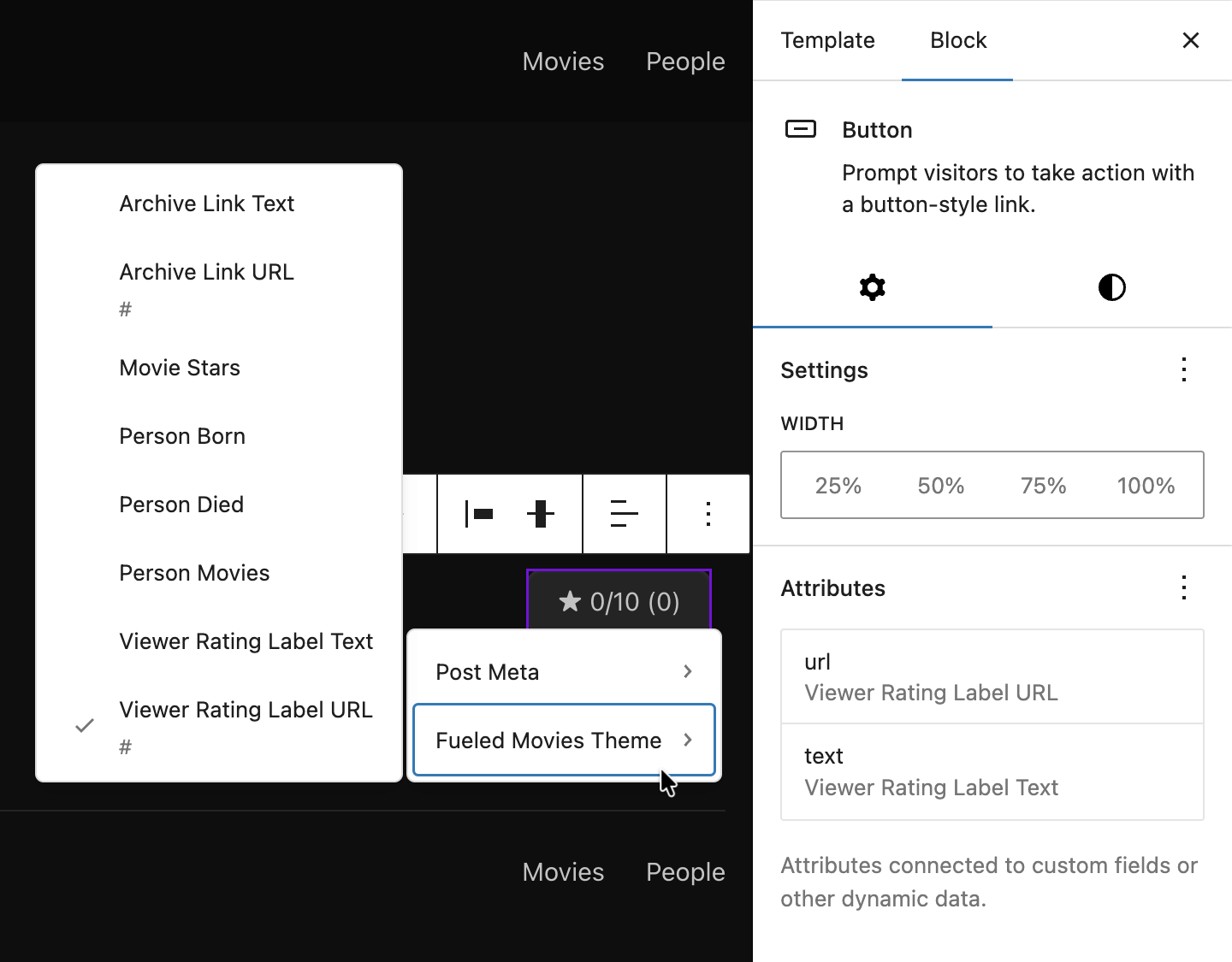 Screenshot of a the Attributes panel showing where block bindings are connected in the editor