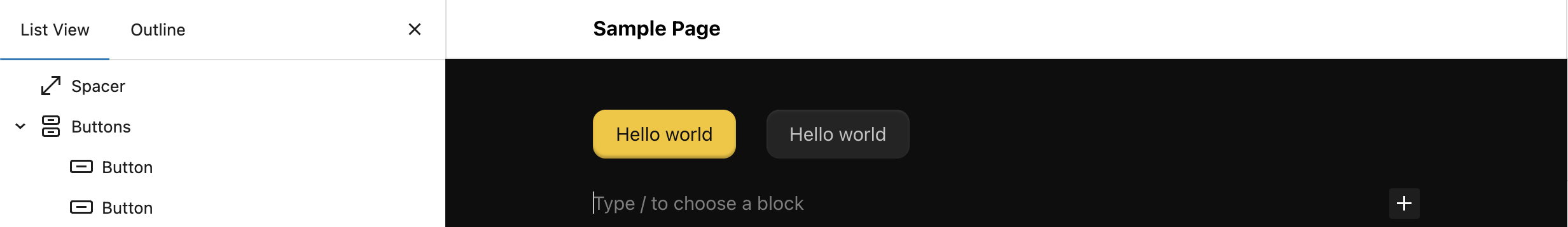 Screenshot of Buttons in the editor with default and Secondary styles applied