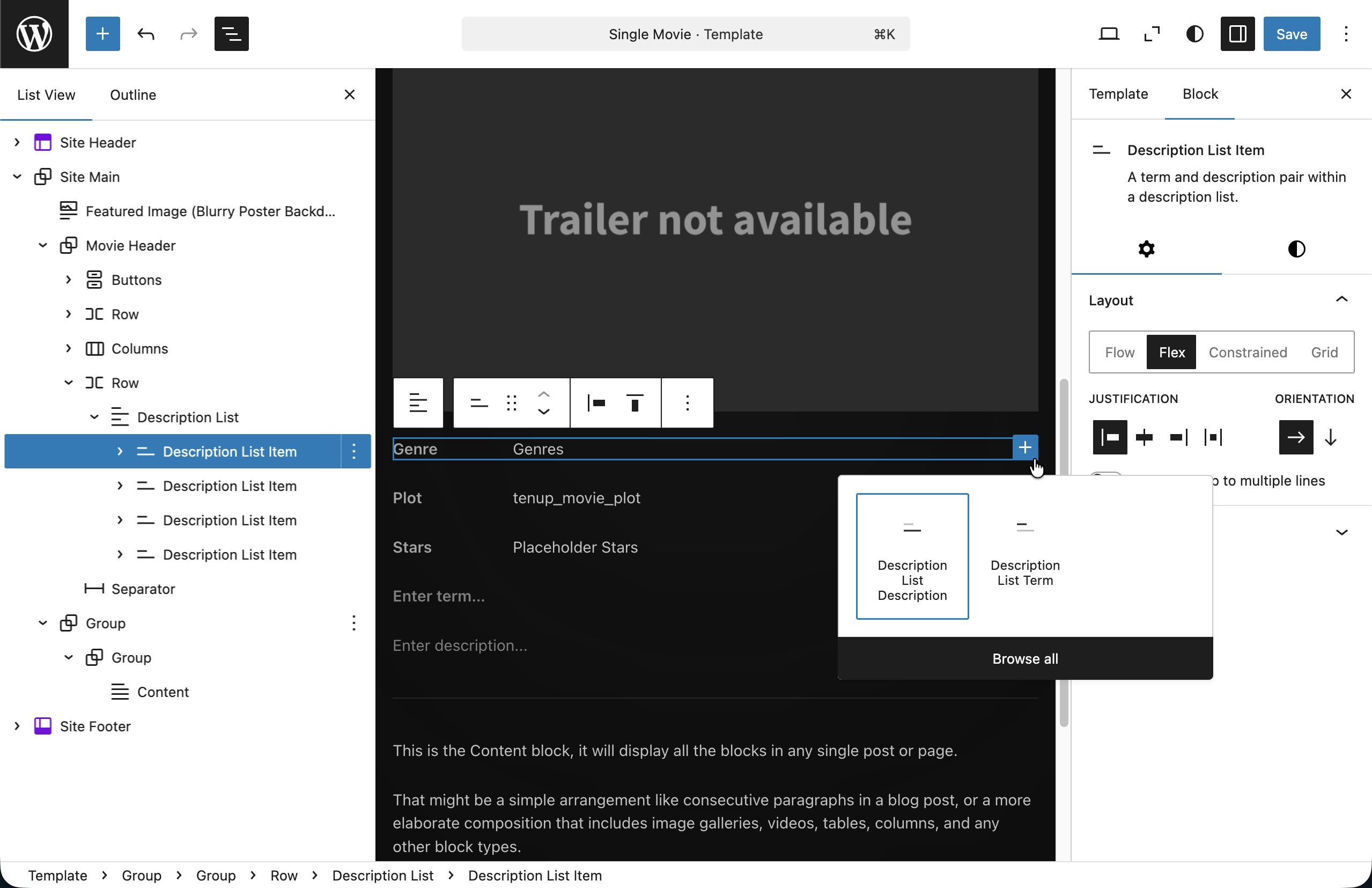 The Description List block used in the inserter