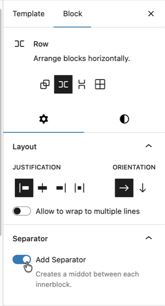 The editor view of the Group block extension for "Add separator"