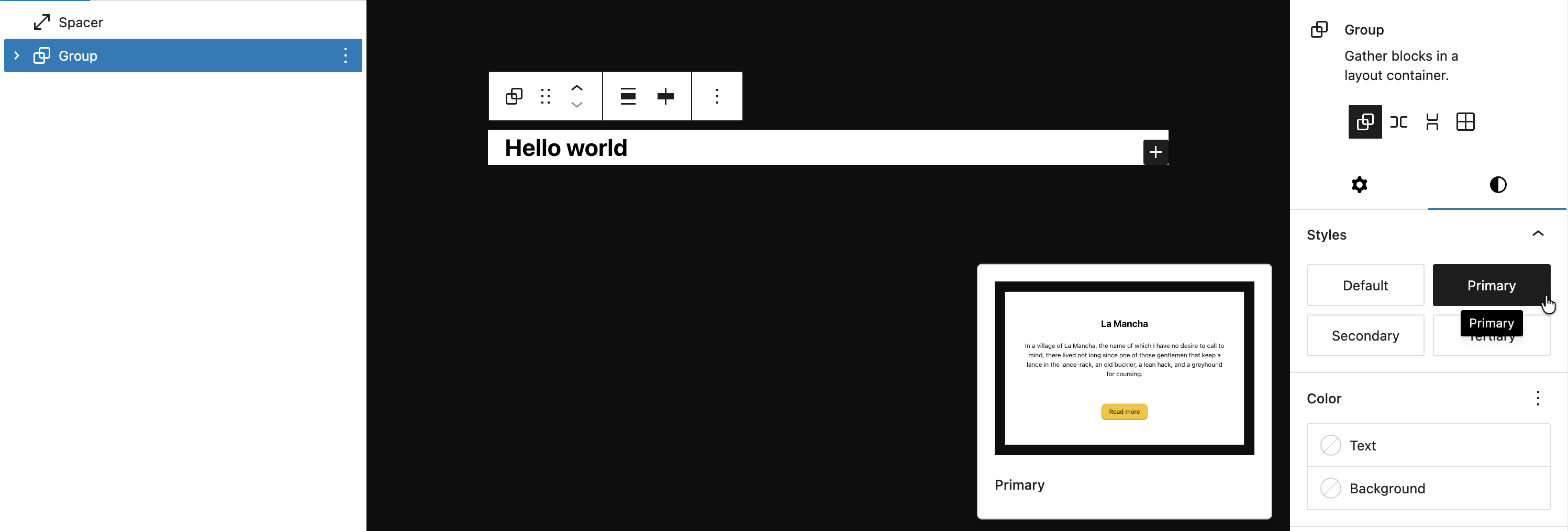 The Group block in the editor with Primary style applied