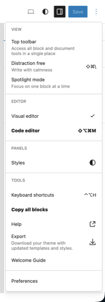 The Options dropdown with relevant items in bold