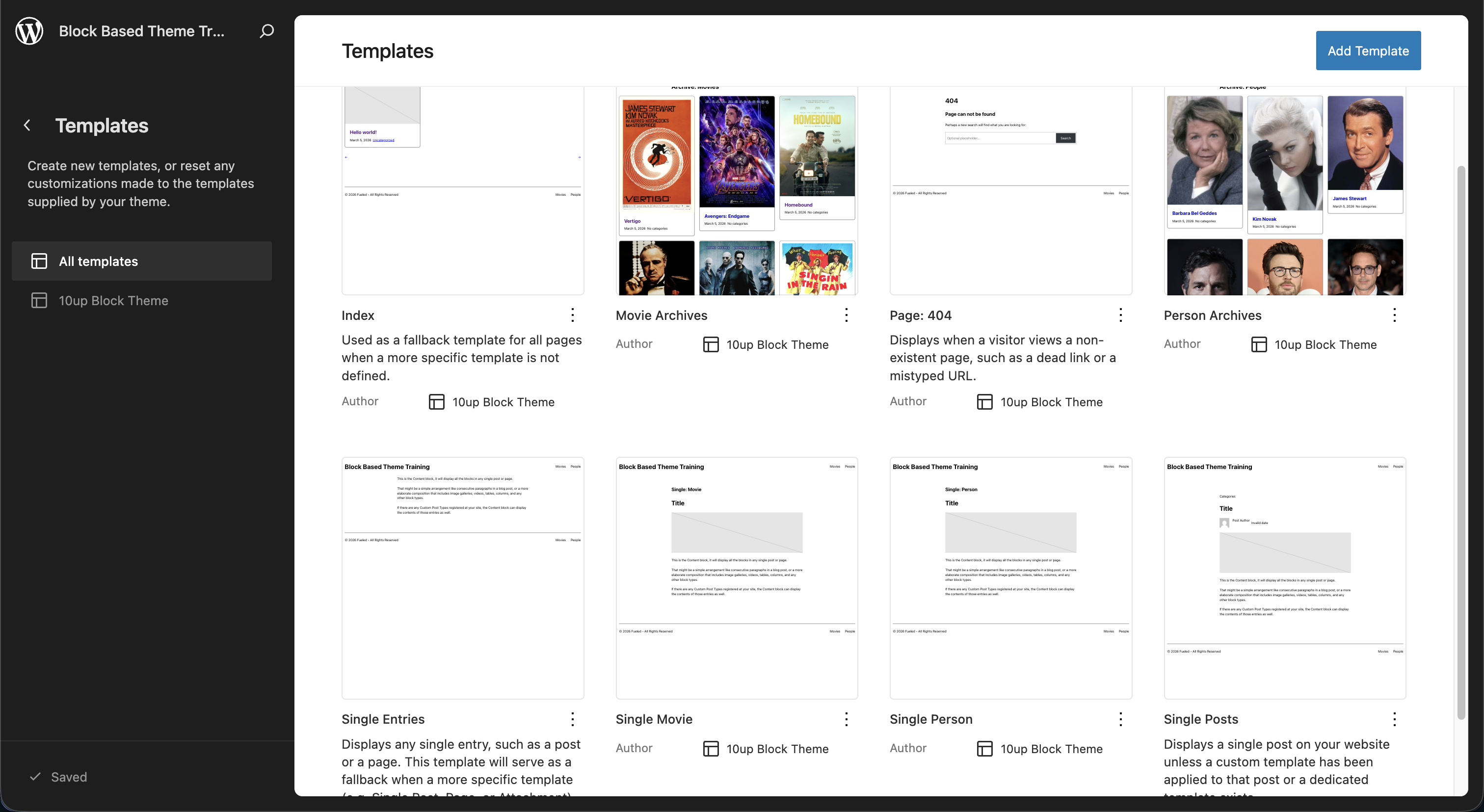The template select screen screen in the Site Editor