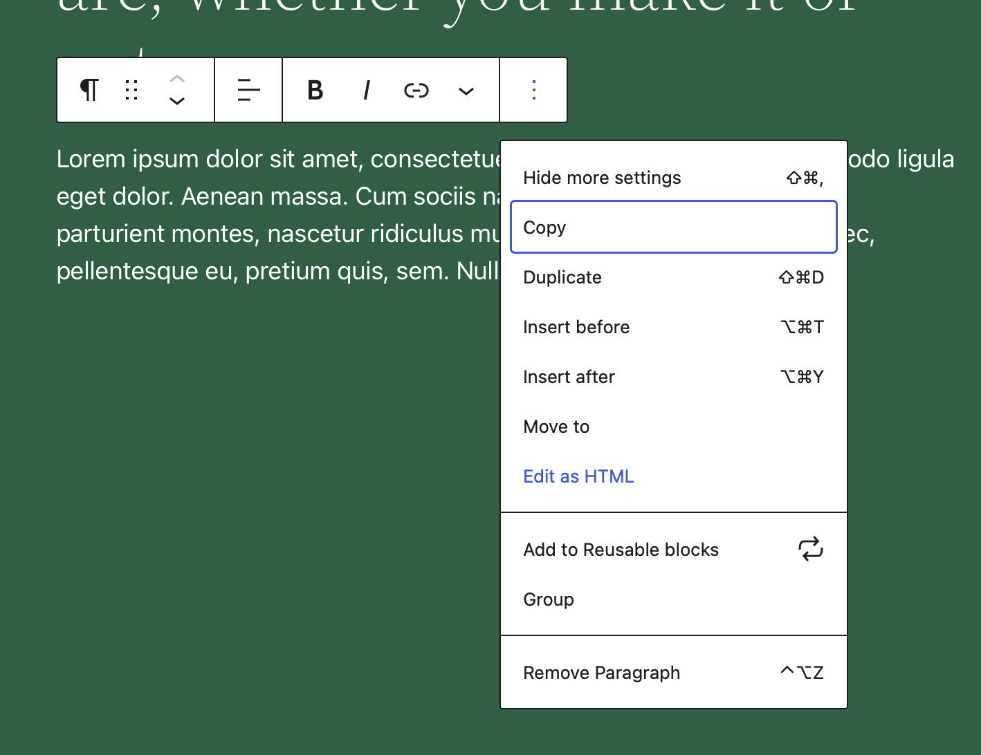 Block Toolbar showing the Edit as HTML option